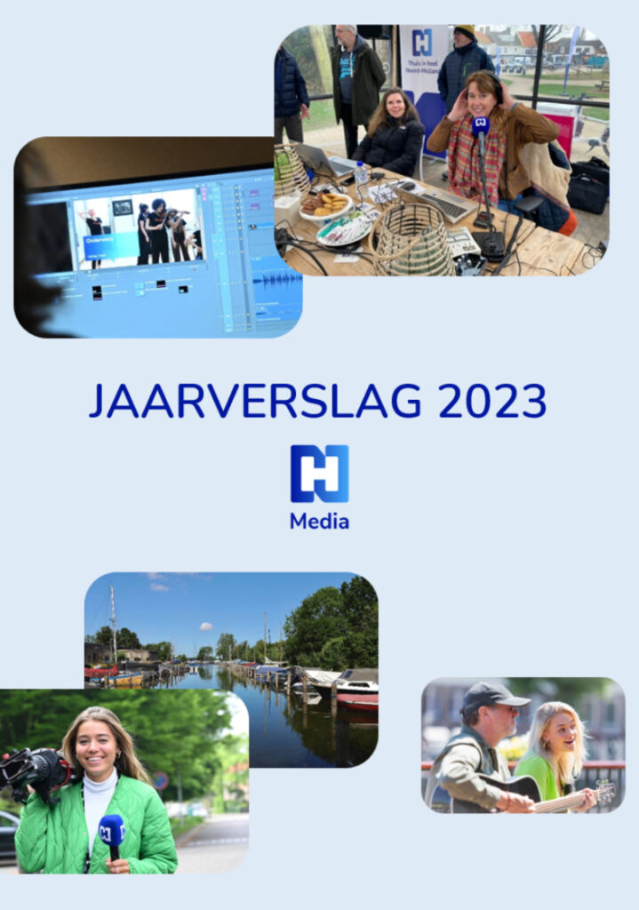 Een collage van vijf afbeeldingen toont media-activiteiten: mensen die een podcast opnemen, een scherm waarop een video wordt gemonteerd, een vrouw die met een camera filmt, een straat met een gracht en twee verslaggevers die buiten een interview afnemen. De tekst luidt: „JAARVERSLAG 2023 H Media.“.